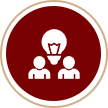 A red and white icon of two people with an idea
